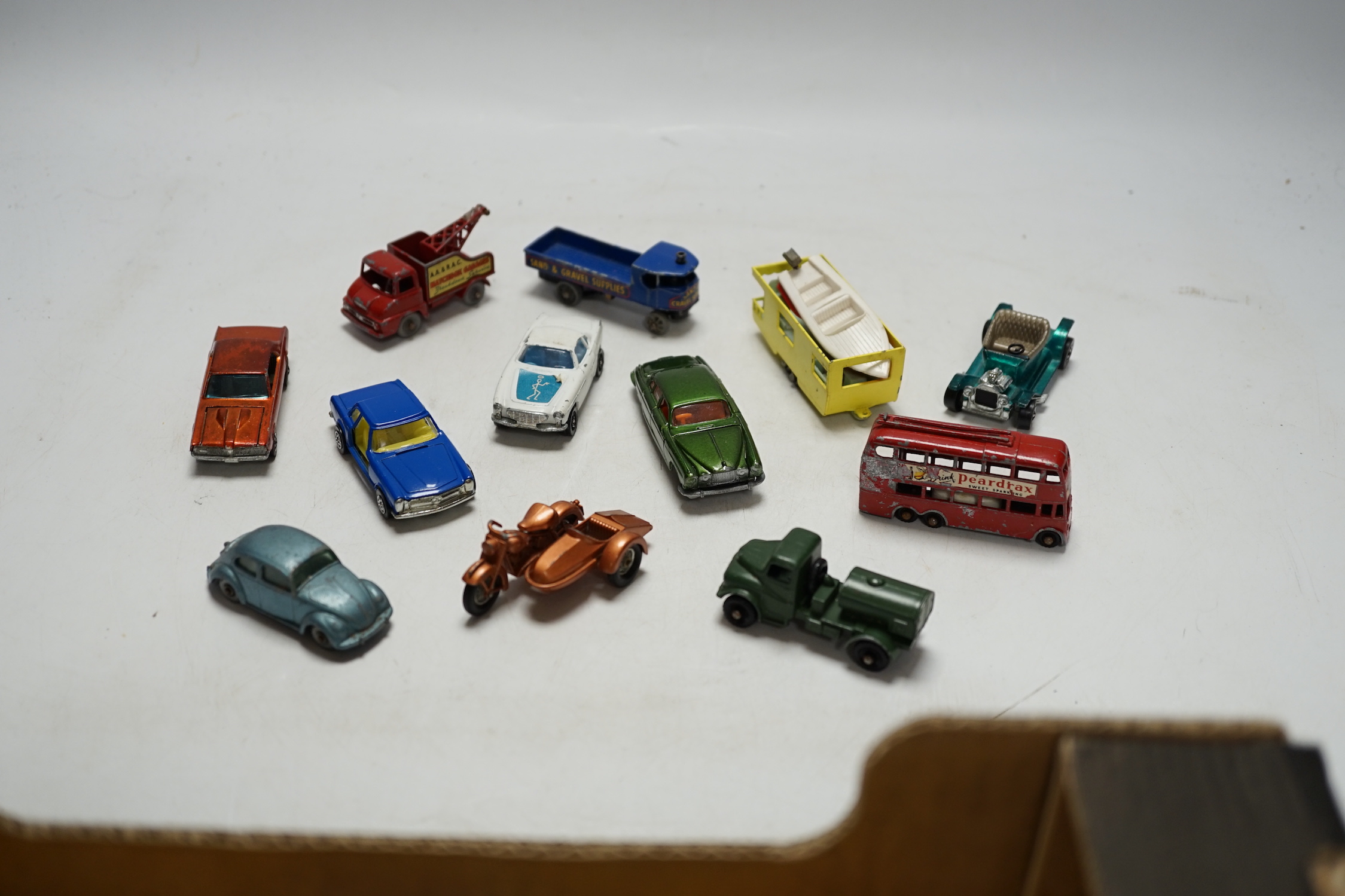 A collection of 1960's and 70's Corgi and Matchbox diecast vehicles (70+) many for restoration, including two James Bond 007 Aston Martin DB5 cars in gold finish, a Chitty Chitty Bang Bang, a boxed Corgi Major Toys Holme